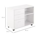 Armário de Escritório para Impressora Multifuncional com 3 Gavetas Prateleira Ajustável e Rodas 80x40x65cm Branco