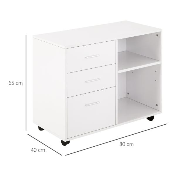 Armário de Escritório para Impressora Multifuncional com 3 Gavetas Prateleira Ajustável e Rodas 80x40x65cm Branco