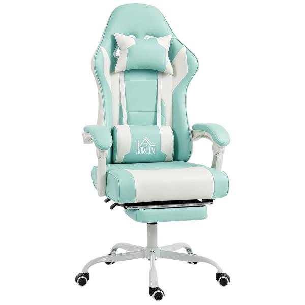 Cadeira Gaming Reclinável 155° com Suporte Lombar com Massagem Apoio de Cabeça e Apoio para os Pés 63x66x126 - 134 cm Azul Claro