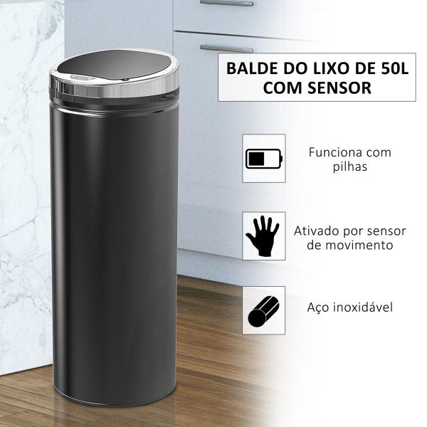 Balde do Lixo Automático 50L com Tampa de Fecho Suave e Silencioso Corpo em Aço Inoxidável Preto