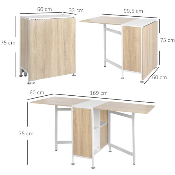 Mesa Dobrável de Arrumação 4 Prateleiras para Sala de Jantar Sala de Estar Mesa Auxiliar de Madeira 169x62x75 cm Carvalho e Branco