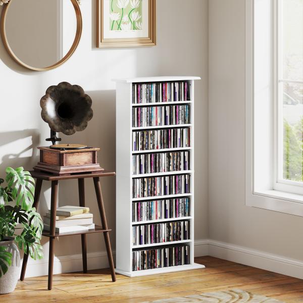 Estante Estreita para CDs e DVDs com 8 Compartimentos Prateleiras Ajustáveis 58x24x126,3 cm Branco