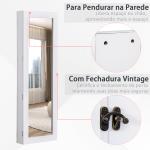 Espelho com Móvel de Bijuterias de Parede Espelho de Parede Organizador de Jóias com Ganchos e Ranhuras para Dormitórios 37x9,5x112cm Branco