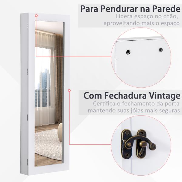 Espelho com Móvel de Bijuterias de Parede Espelho de Parede Organizador de Jóias com Ganchos e Ranhuras para Dormitórios 37x9,5x112cm Branco