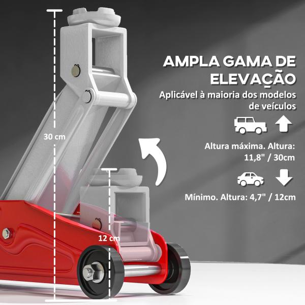 Macaco Hidráulico para Carros de 2 Toneladas com Altura Ajustável 12 - 30 cm e 4 Rodas para Apoiar Carros Vermelho e Cinza
