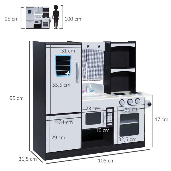 Cozinha de Brinquedo Infantil Cozinha de Madeira para Crianças com Acessórios Cozinha para Crianças com Forno Micro - Ondas Lavatório 105x31,5x95 cm Cinza e Preto