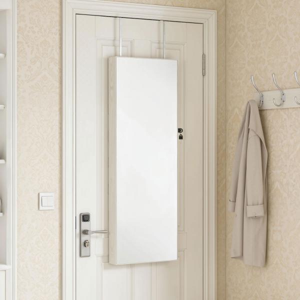 Espelho de Joias com Luz LED, Armário Montado na Parede ou Porta com Fechadura e Espelho Branco de Corpo Inteiro