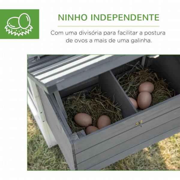 Galinheiro de Madeira para Exterior Gaiola para 2 - 3 Galinhas com Cercado de Arame Teto Abatível Caixa Ninho Bandeja Removível e Rampa 150,5x54x87cm Cinza e Branco