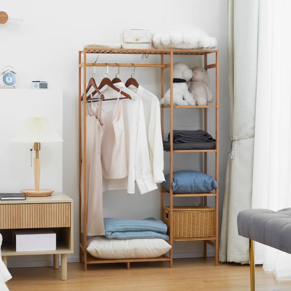 Suporte para Cabides de Bambu com Prateleira de Armazenamento de 6 Níveis e Vara Supensa 90x30x145 cm Madeira