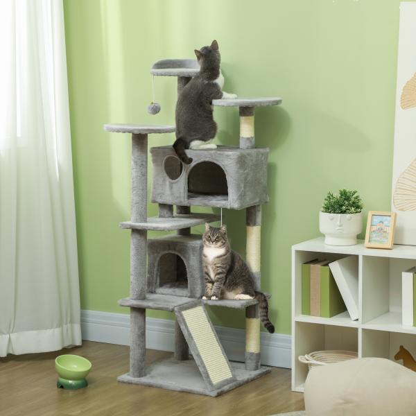 Arranhador para Gatos com Postes de Sisal Plataformas Cavernas Bolas Pendentes e Redes 49x49x138 cm Cinza Claro