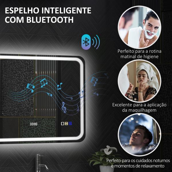 Espelho de Casa de Banho com Luz LED 80x60 cm Bluetooth 3 Cores de Luz Relógio Digital Função Antiembaciamento Memória Prata