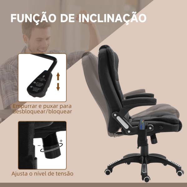 Cadeira para Secretaria c/ 6 Pontos de Massagem Reclinável até 130° com Aquecimento Preto