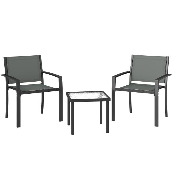 Conjunto de Mesa e Cadeiras com 3 Peças Conjunto de Jardim 2 Cadeiras de Textilene e Mesa de Vidro Cinzento Claro
