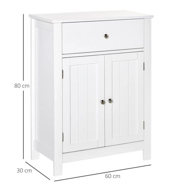 Armário de Casa de Banho com 1 Gaveta e Prateleira Interior Ajustável Móvel Auxiliar de Armazenamento Multifuncional para Sala de Estar Cozinha 60x30x80cm Branco