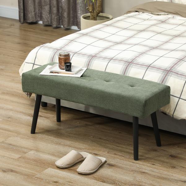 Banco de Pé de Cama em Bombazina com Assento Acolchoado, Design Capitoné e Pernas de Aço para Quarto Branco Verde