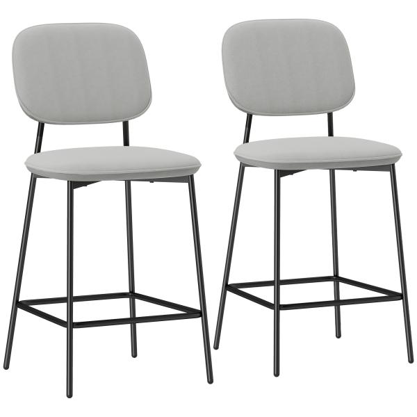 Conjunto de 2 Bancos de Bar Bancos Altos de Cozinha com Apoio para os Pés Estofados em Veludo 45x49x102 cm Cinza Claro