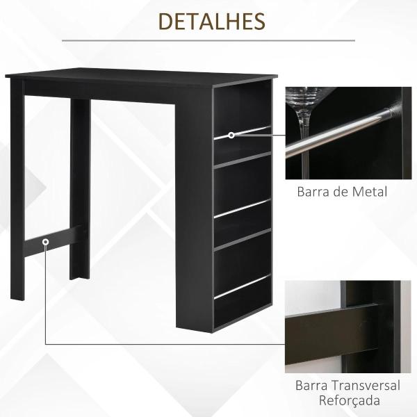 Mesa Bar de Bistrô com 3 Prateleiras com Suporte Estilo Moderno para Cozinha Sala de Estar Estrutura de Melamina 112x57x106cm Preto