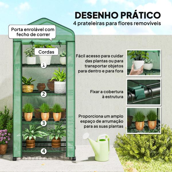 Estufa de Exterior com 4 Prateleiras e Rodas Porta Enrolável Estrutura em Aço e Cobertura de PE 140g/㎡ Anti - UV 69x50x165 cm Verde