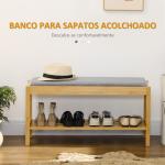Banco Sapateira de Bambu com Assento Estofado para 3 Pares de Sapatos e Prateleira de 90x30x46 cm Madeira