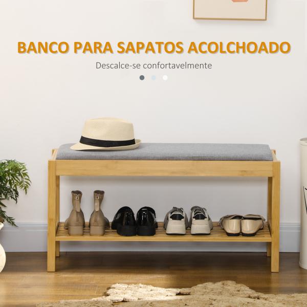 Banco Sapateira de Bambu com Assento Estofado para 3 Pares de Sapatos e Prateleira de 90x30x46 cm Madeira