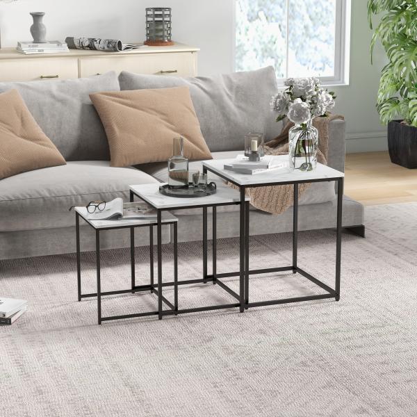 Conjunto de 3 Mesas Auxiliares para Sala de Estar com Efeito Mármore e Estrutura de Aço Estilo Moderno Branco e Preto