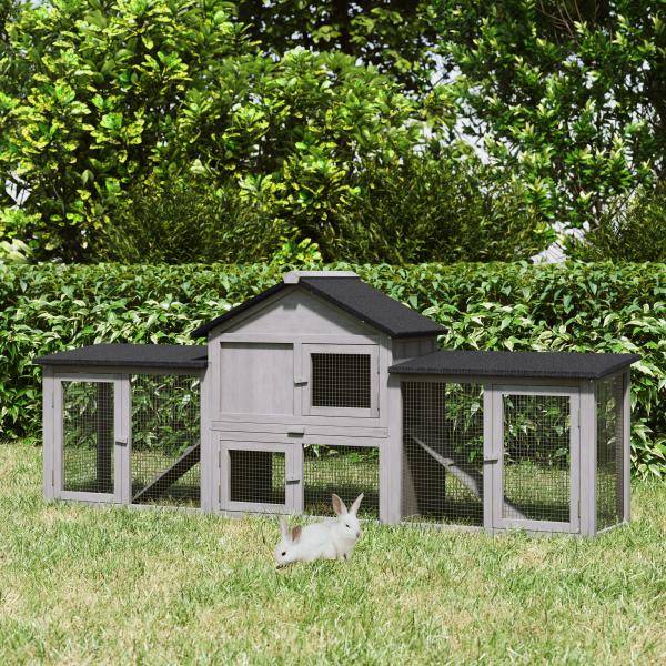Coelheira de Exterior Grande Gaiola de Madeira para 2 - 4 Coelhos com Teto Asfáltico Recinto de Arame Bandeja Removível e Rampas 210x45,5x84,5cm Cinza e Preto