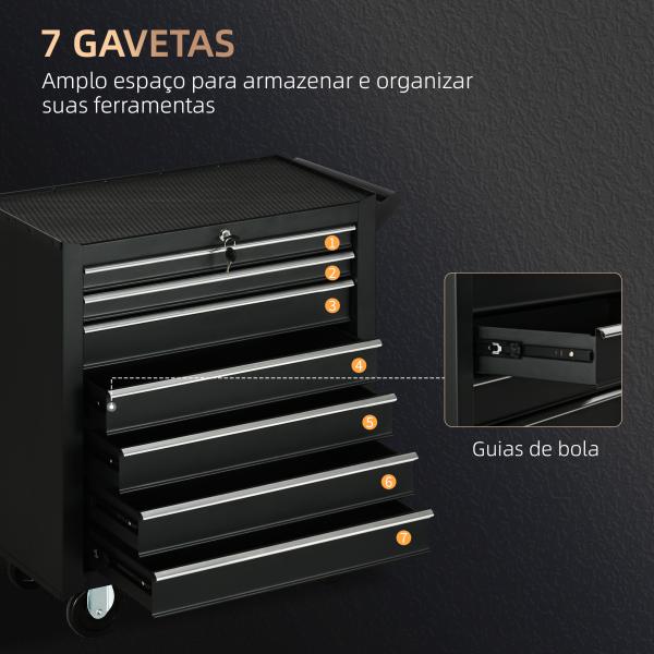 Carrinho de Ferramentas com 7 Gavetas Rodas Trava Armário de Armazenamento para Oficina de Garagem e Chapa de Aço 69x33x75 cm Preto