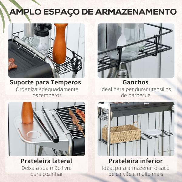 Barbecue a Carvão Portátil com Grelha de Aço Inoxidável Prateleira para Temperos e Prateleira de Armazenamento 96x61x72 cm Preto