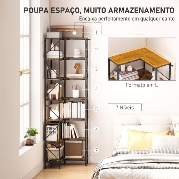 Estante de Canto com 7 Níveis, Estilo Industrial, para Quarto, Sala ou Escritório, 60x60x198 cm, Castanho Rústico