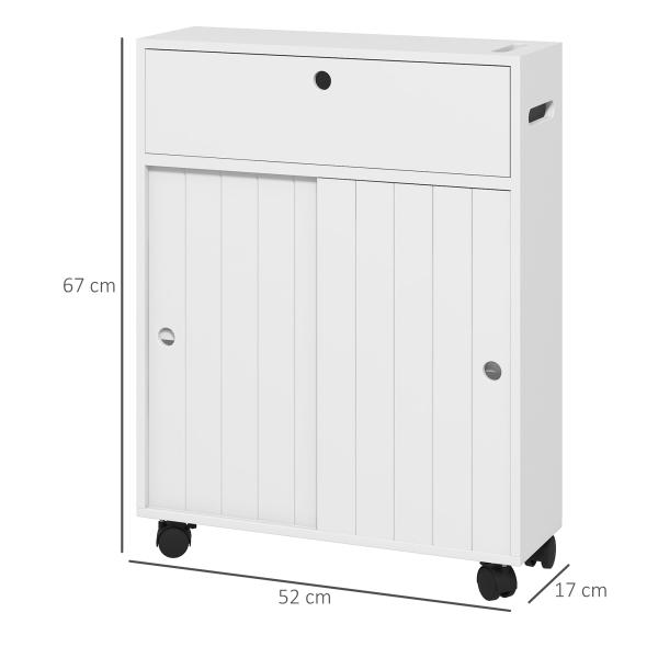 Armário Auxiliar Casa de Banho com 4 Rodas 2 Compartimentos para Papel Higiénico Armário e Prateleiras Ajustáveis 52x17x67 cm Branco