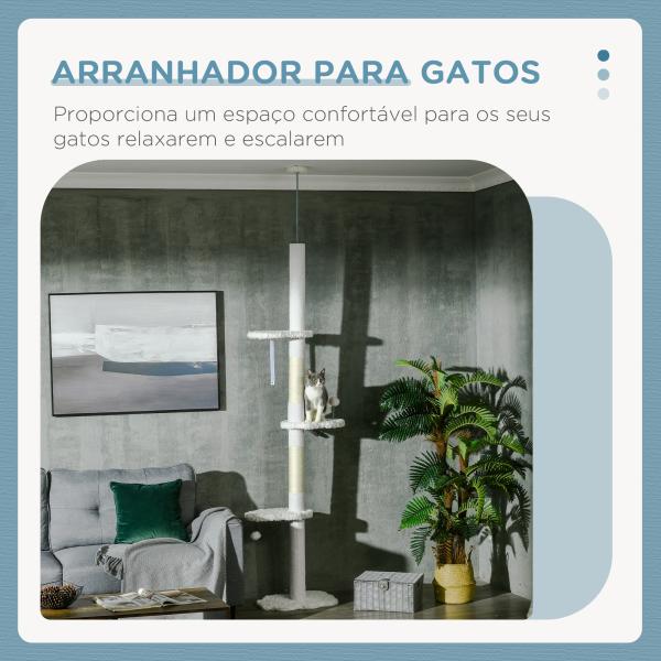 Arranhador para Gatos do Chão ao Teto com Altura Ajustável e 3 Plataformas em Forma de Nuvem 48x32x225 - 255 cm Branco