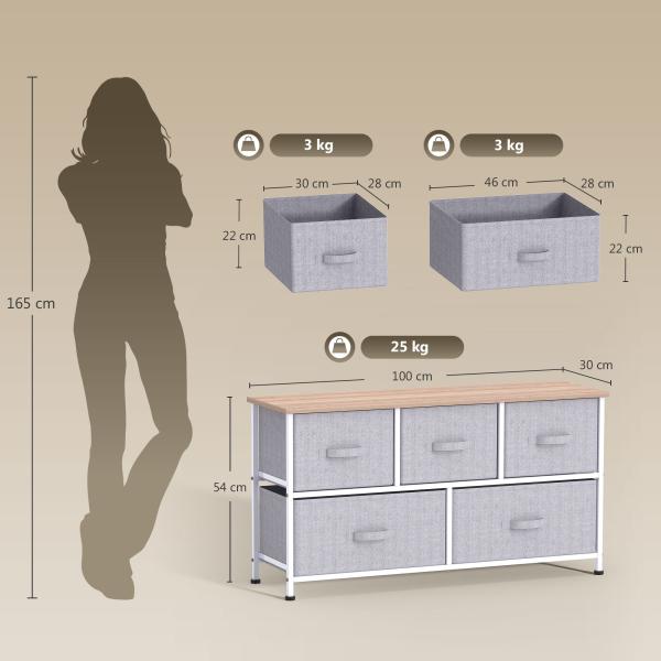 Cómoda com 5 Gavetas de Tecido Cómoda para Quarto Estrutura Metálica 100x30x54 cm Cinzento