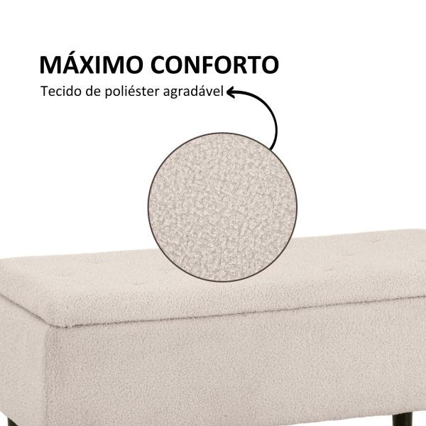 Banco de Armazenamento em Borrego Capacidade 47L Tampa Abatível e Pés de Madeira de Borracha Carga 120 kg 95x38x45 cm Bege