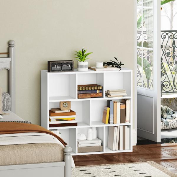 Estante de 3 Níveis Estante para Livros com 8 Compartimentos Desenho Vertical ou Horizontal 74,3x24x80 cm Branco