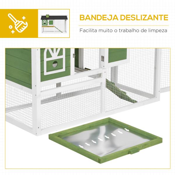 Coelheira de Madeira 120x60x79 cm Coelheira com Teto Asfáltico Bandeja Removível Escada e Chaminé para Exterior Verde