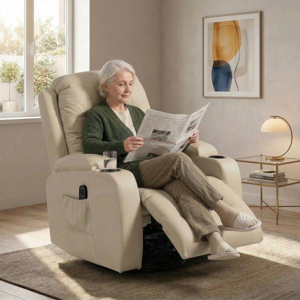Poltrona de Massagem Reclinável até 145° com 8 Pontos de Massagem por Vibração Função de Aquecimento 82x99x103 cm Creme