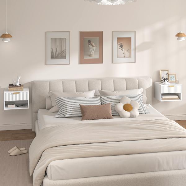 Conjunto de 2 Mesas de Cabeceira Flutuantes Estreitas com Gaveta com Frente Canelada e Prateleira Aberta 40x34x29 cm Branco
