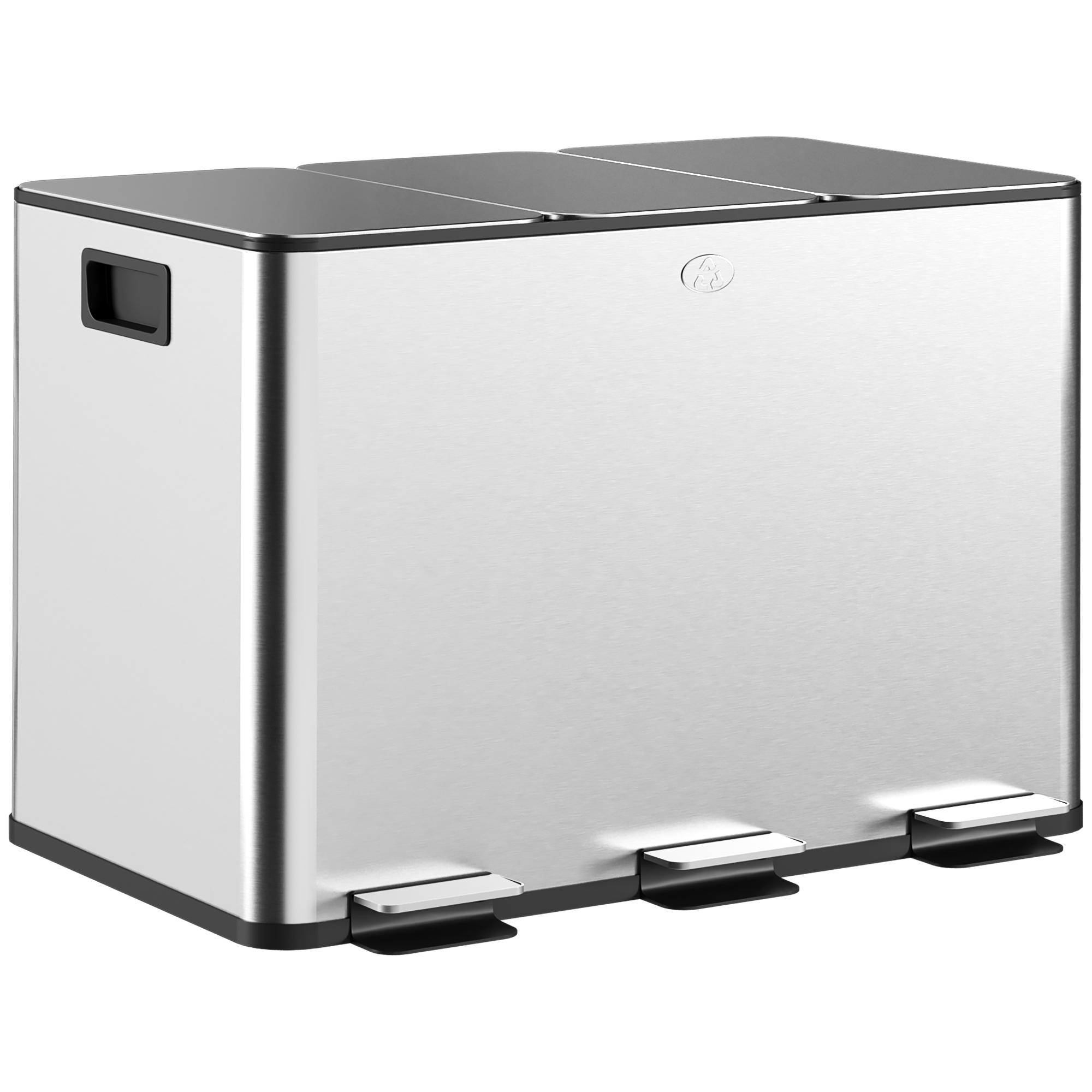 Balde de Lixo de Cozinha com 3 Compartimentos 3x10L com Pedais Tampas com Fechamento Suave e Cubo Amovível Prata