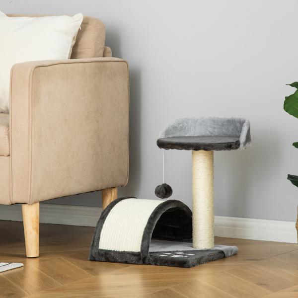 Árvore Arranhador para Gatos de 2 Níveis com Poste e Tapete de Arranhar Cama e Bola Suspensa 35,5x37x46 cm Cinza
