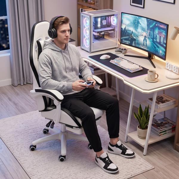Cadeira Gaming de Couro PU com Altura Ajustável Reclinável 135° e Apoio para os Pés Retrátil 65x65x121 - 129 cm Branco e Preto
