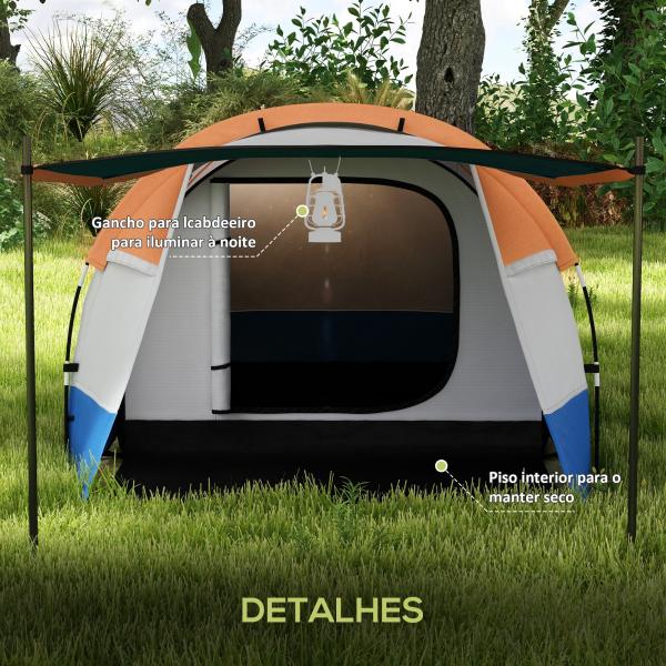 Tenda de Campismo Familiar para 2 - 3 Pessoas com 2 Áreas e Bolsa de Transporte Impermeável 420x200x150 cm Cinza e Laranja