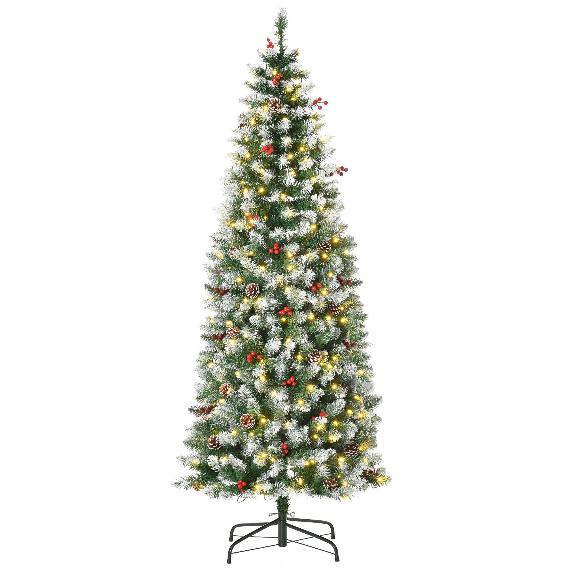 Árvore de Natal Nevada Artificial 180cm com 300 Luzes LED Branco Quente 618 Ramos Ignífugos de PVC Decorações Incluidadas e Base Dobrável Ø65x180cm Verde
