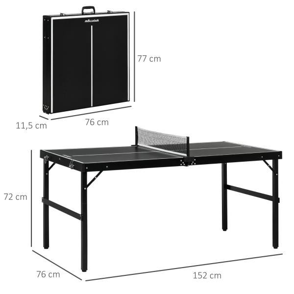 Mesa de Ping Pong Dobrável com Estrutura de Alumínio Portátil para Interior e Exterior 152x76x72 cm Preto