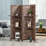 Biombo Dobrável de 4 Painéis de Madeira 162x170 cm Divisória de Ambiente com 3 Prateleiras Nogueira