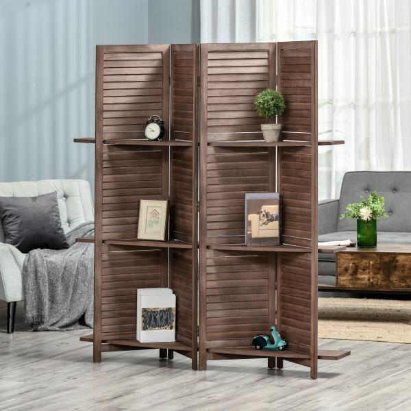 Biombo Dobrável de 4 Painéis de Madeira 162x170 cm Divisória de Ambiente com 3 Prateleiras Nogueira