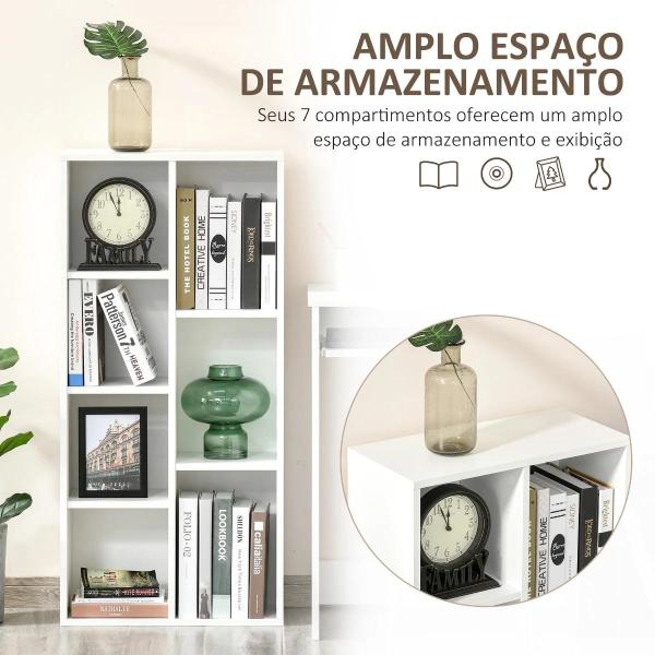 Estante para Livros Estante de Madeira com 7 Compartimentos de Armazenamento Plantas Arquivos para Sala de Estar Dormitório Escritório 50x24x106cm Branco