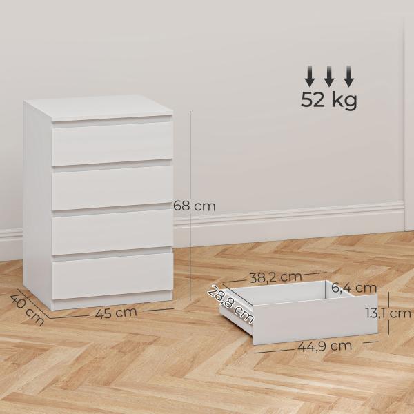 Cómoda com 4 Gavetas com Fecho Suave para Quarto Escritório Estilo Moderno 45x40x68 cm Branco