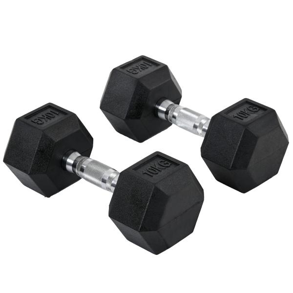 Conjunto de Halteres 20 kg com Barra Metálica e Cabeça Hexagonal Conjunto de Pesos para Treino 31x13,5 cm Preto e Prata