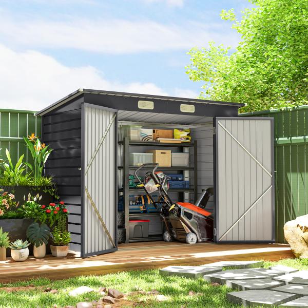 Abrigo de Jardim 2,7m² 249x121x183 cm Abrigo de Exterior com Porta Dupla 2 Ventilaç4oes e Trava Abrigo para Pátio Cinza