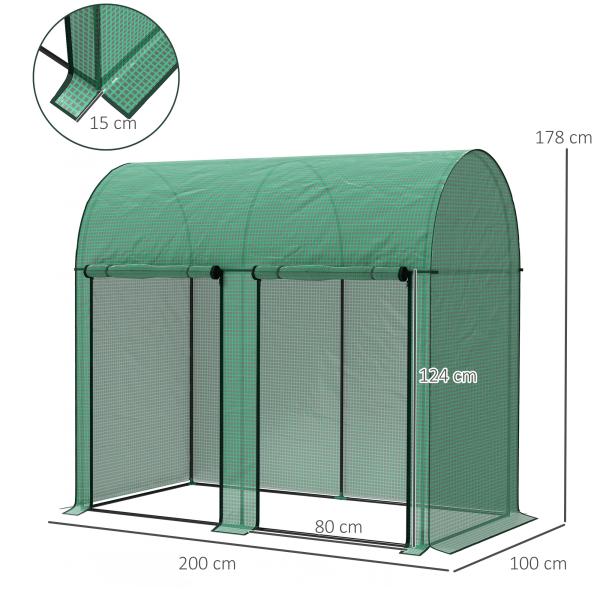 Estufa Pequena Estufa de Exterior com Porta Dupla com Fecho de Correr e Cobertura de PE 200x100x178 cm Verde